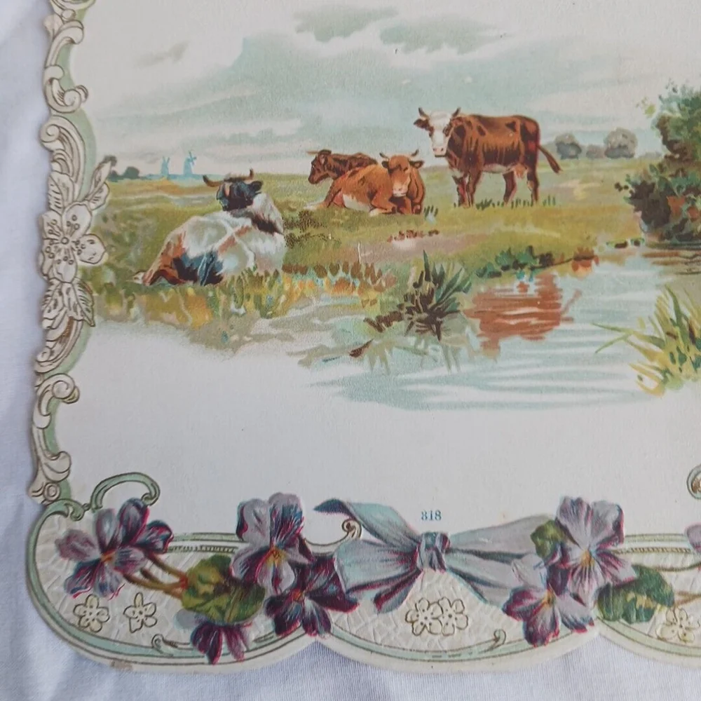 Victorian Die Cut Embossed Cows Greeting Card